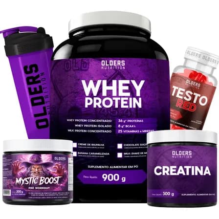 Kit Whey + Creatina + Pre Treino + Testo + Coqueteleira Chocolate Suiço