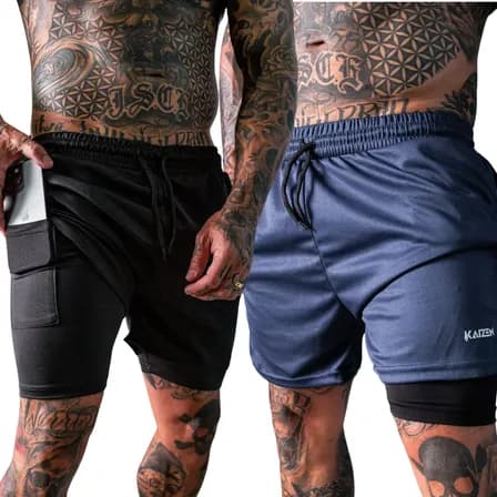 Kit 2 Shorts 2 Em 1 Masculino Dryfit Academia Azul E Preto Liso Gg