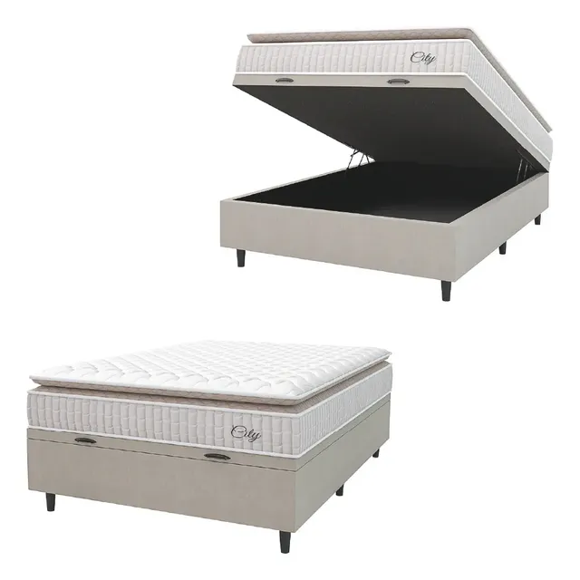 Cama Box Baú Colchão Casal Molas Ensacadas City Pillow Top 138x188x64cm Branco E Bege Hellen Branco/bg