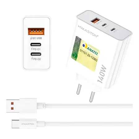 Carregador Turbo Fonte 140w Usb/2usb-c +cabo Tipo-c 6a Y74-3 Branco